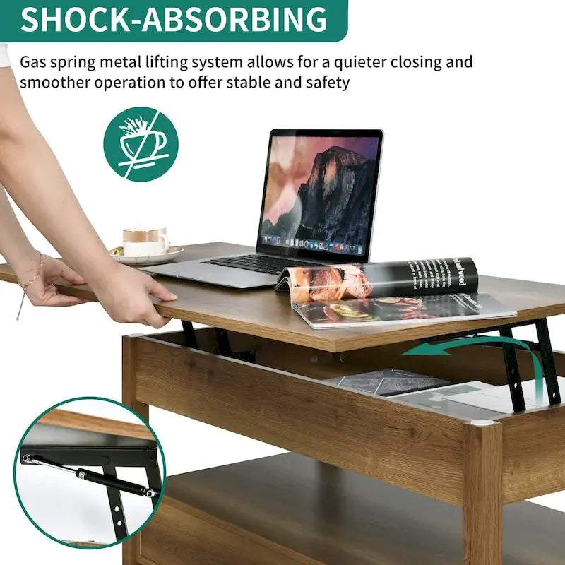 Table basse relevable en bois avec étagère de rangement et tiroirs