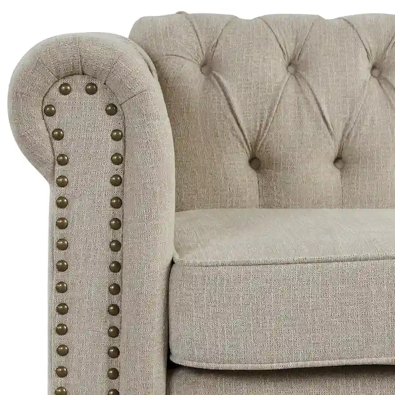 Canapé avec capitonnage boutonné, rivets et pieds en bois massif
