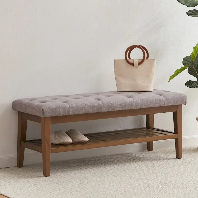 Banc à chaussures d'entrée, banc de rangement, tissu et bois massif, banc rembourré de 43 pouces
