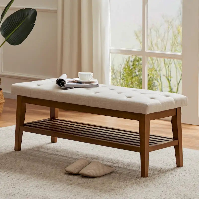 Banc à chaussures d'entrée, banc de rangement, tissu et bois massif, banc rembourré de 43 pouces