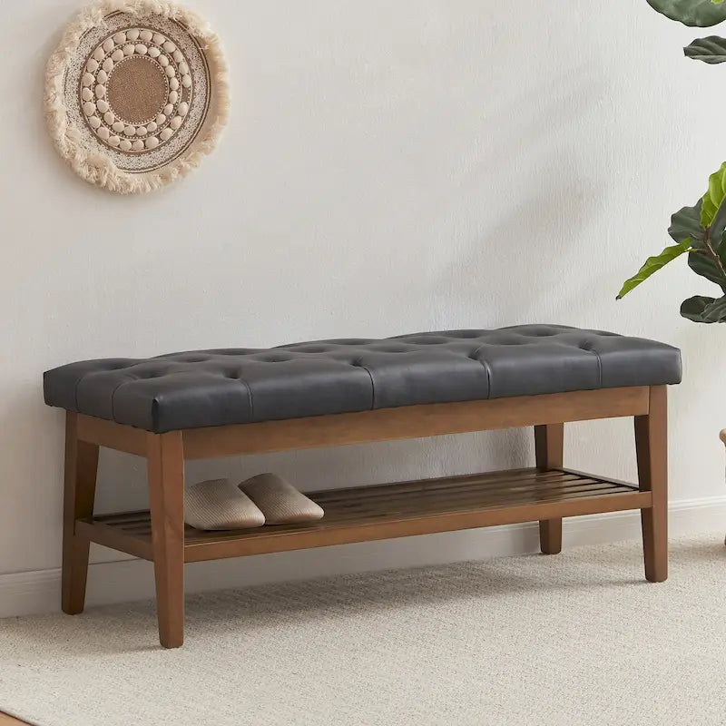 Banc à chaussures d'entrée, banc de rangement, tissu et bois massif, banc rembourré de 43 pouces