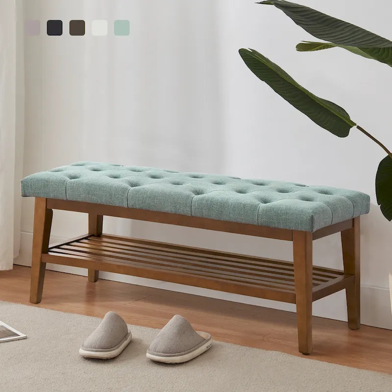 Banc à chaussures d'entrée, banc de rangement, tissu et bois massif, banc rembourré de 43 pouces