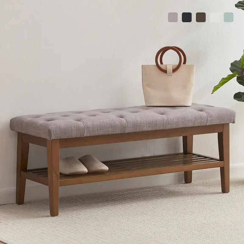 Banc à chaussures d'entrée, banc de rangement, tissu et bois massif, banc rembourré de 43 pouces