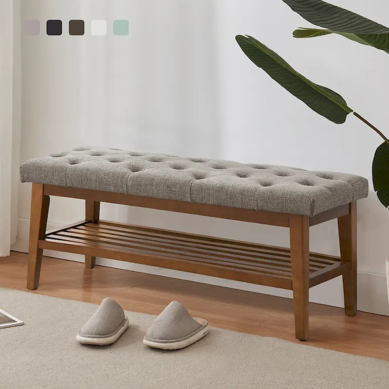 Banc à chaussures d'entrée, banc de rangement, tissu et bois massif, banc rembourré de 43 pouces