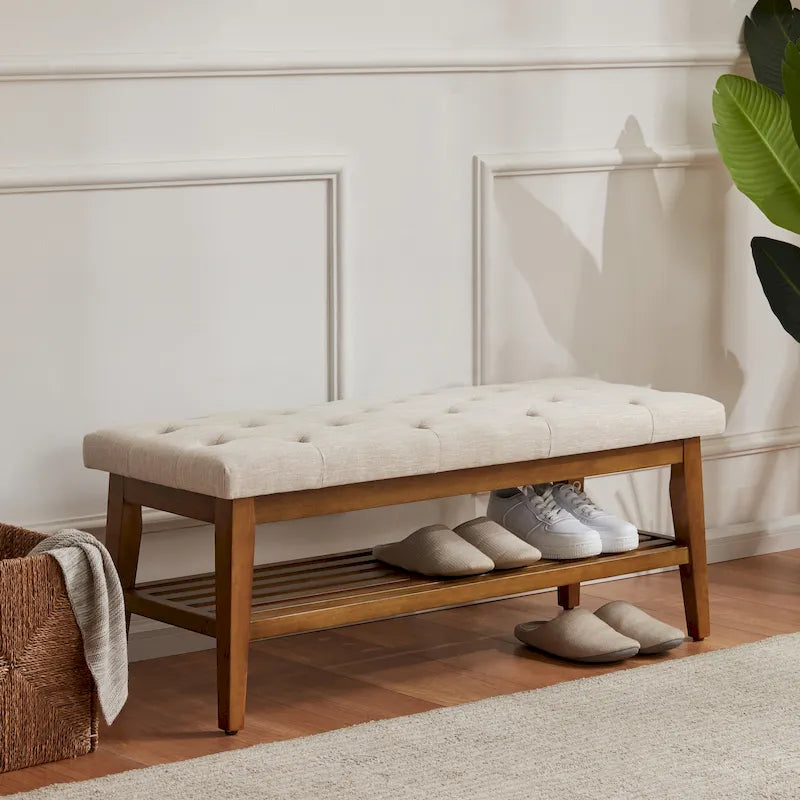 Banc à chaussures d'entrée, banc de rangement, tissu et bois massif, banc rembourré de 43 pouces
