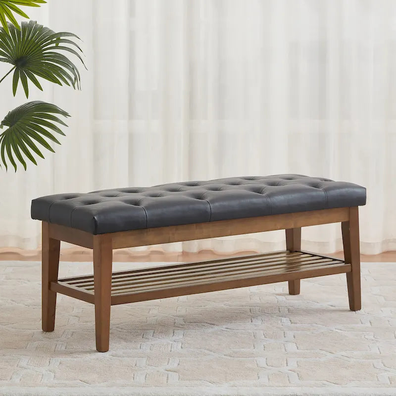 Banc à chaussures d'entrée, banc de rangement, tissu et bois massif, banc rembourré de 43 pouces