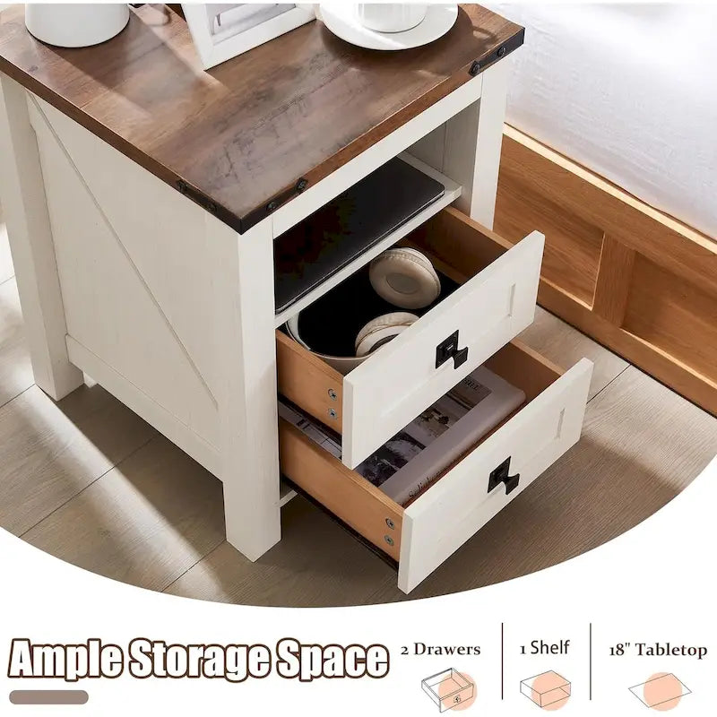 Farmhouse Nightstand with Charging Station, End Table, Side Table
