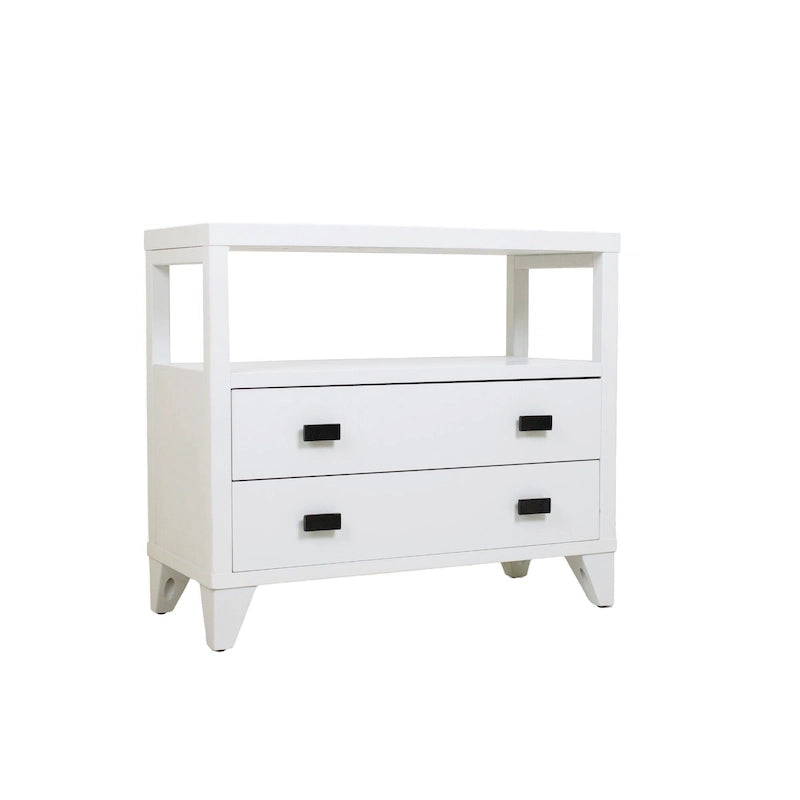 Table de chevet artisanale en bois à deux tiroirs avec étagère ouverte