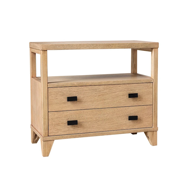 Table de chevet artisanale en bois à deux tiroirs avec étagère ouverte