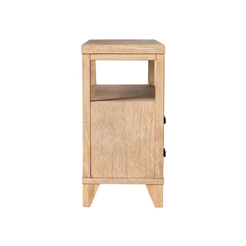 Table de chevet artisanale en bois à deux tiroirs avec étagère ouverte
