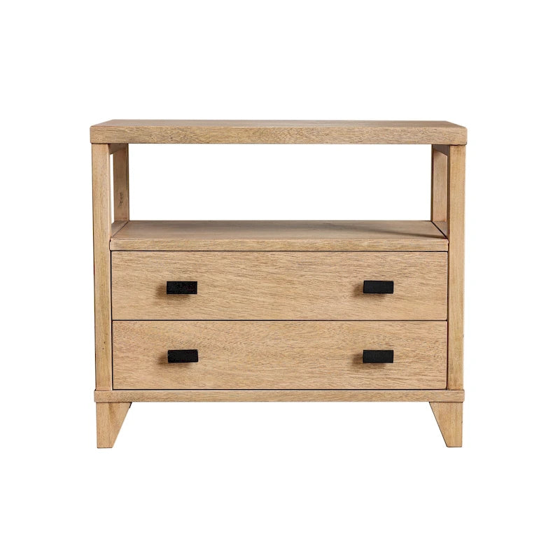 Table de chevet artisanale en bois à deux tiroirs avec étagère ouverte
