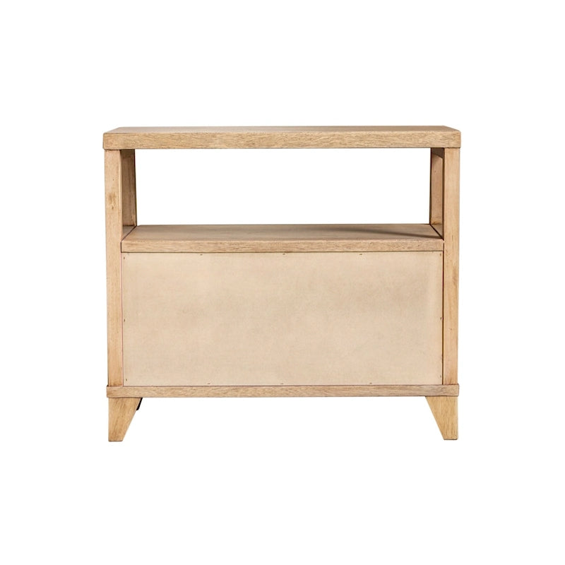 Table de chevet artisanale en bois à deux tiroirs avec étagère ouverte