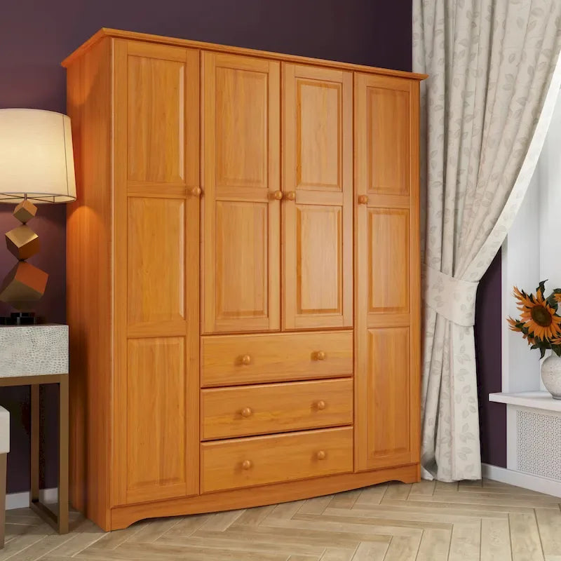 Armoire quatre portes en bois massif, avec poignées en métal ou en bois