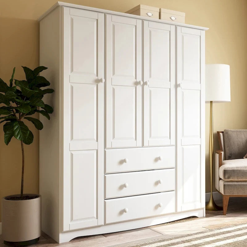 Armoire quatre portes en bois massif, avec poignées en métal ou en bois