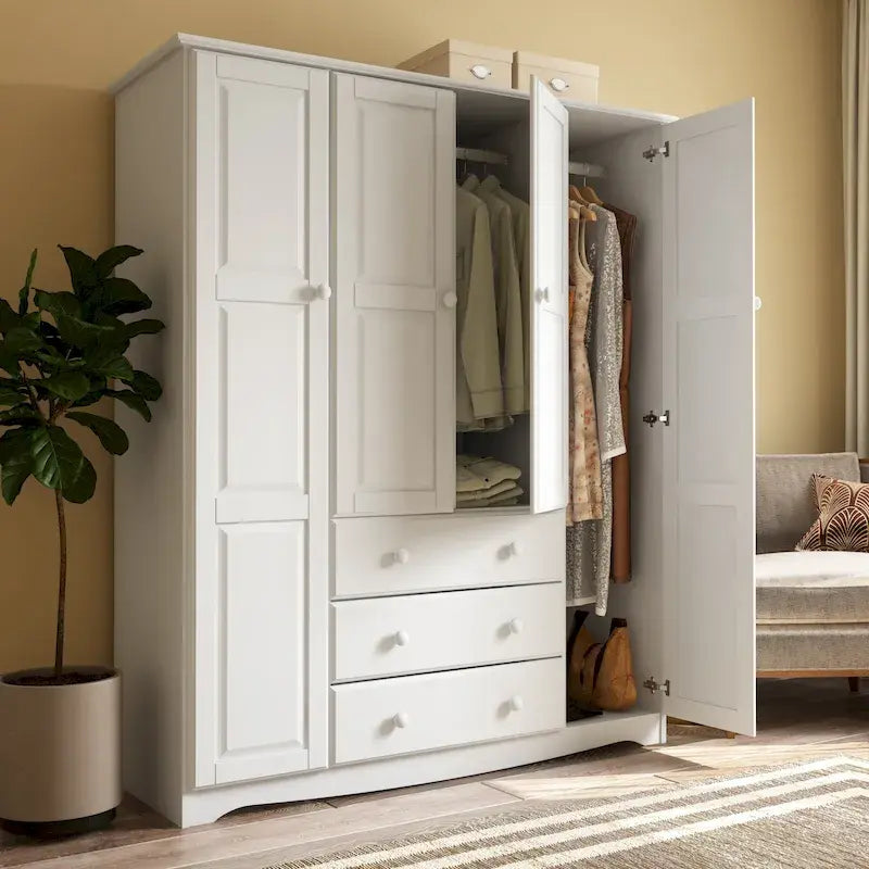 Armoire quatre portes en bois massif, avec poignées en métal ou en bois