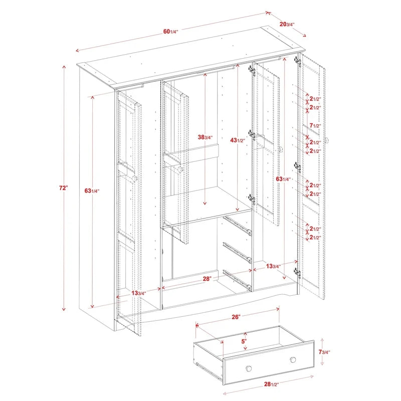Armoire quatre portes en bois massif, avec poignées en métal ou en bois