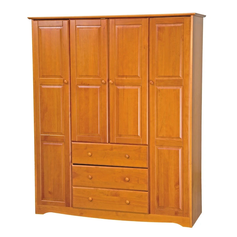 Armoire quatre portes en bois massif, avec poignées en métal ou en bois