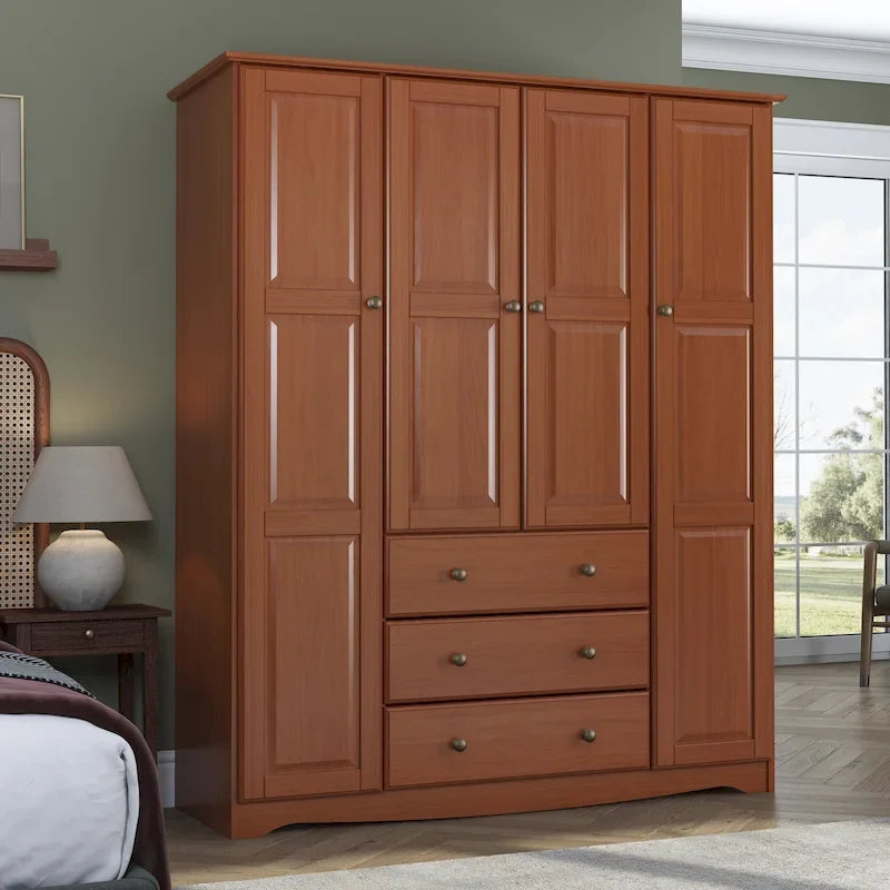 Armoire quatre portes en bois massif, avec poignées en métal ou en bois