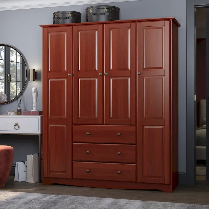 Armoire quatre portes en bois massif, avec poignées en métal ou en bois