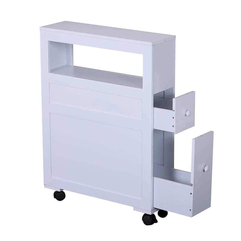 Meuble de rangement étroit en bois à roulettes pour salle de bain