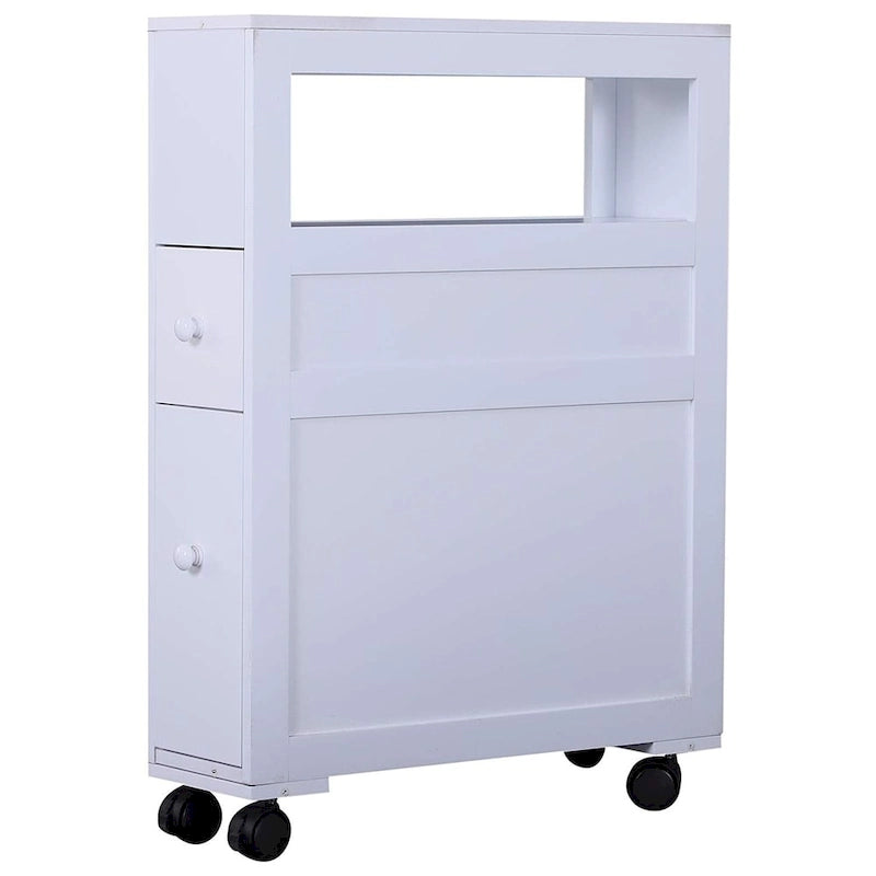 Meuble de rangement étroit en bois à roulettes pour salle de bain