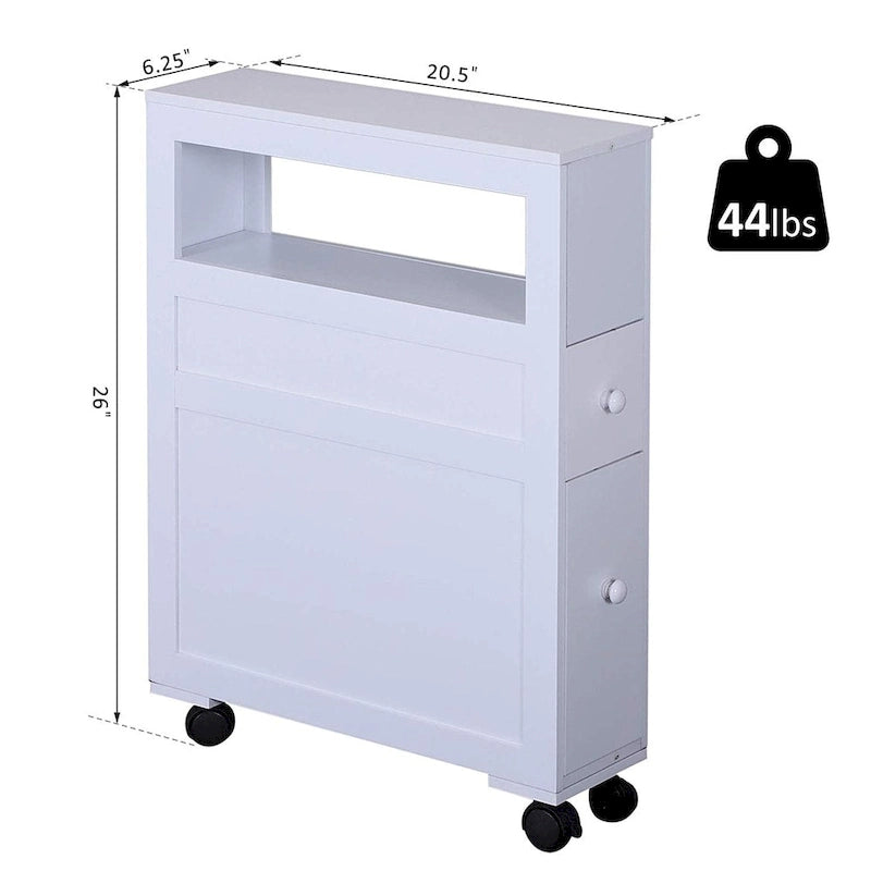 Meuble de rangement étroit en bois à roulettes pour salle de bain
