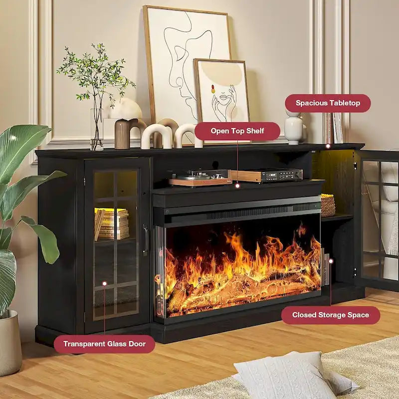 Meuble TV cheminée en verre trois faces de 36 pouces