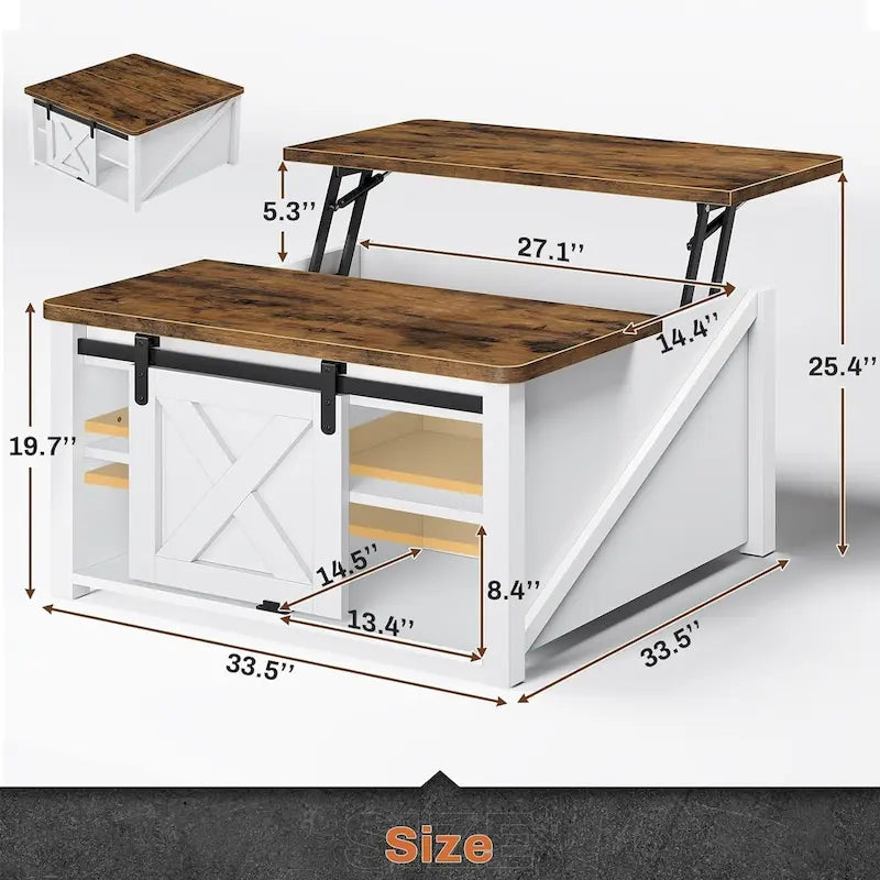 Table basse relevable carrée avec étagère de rangement et porte coulissante style grange