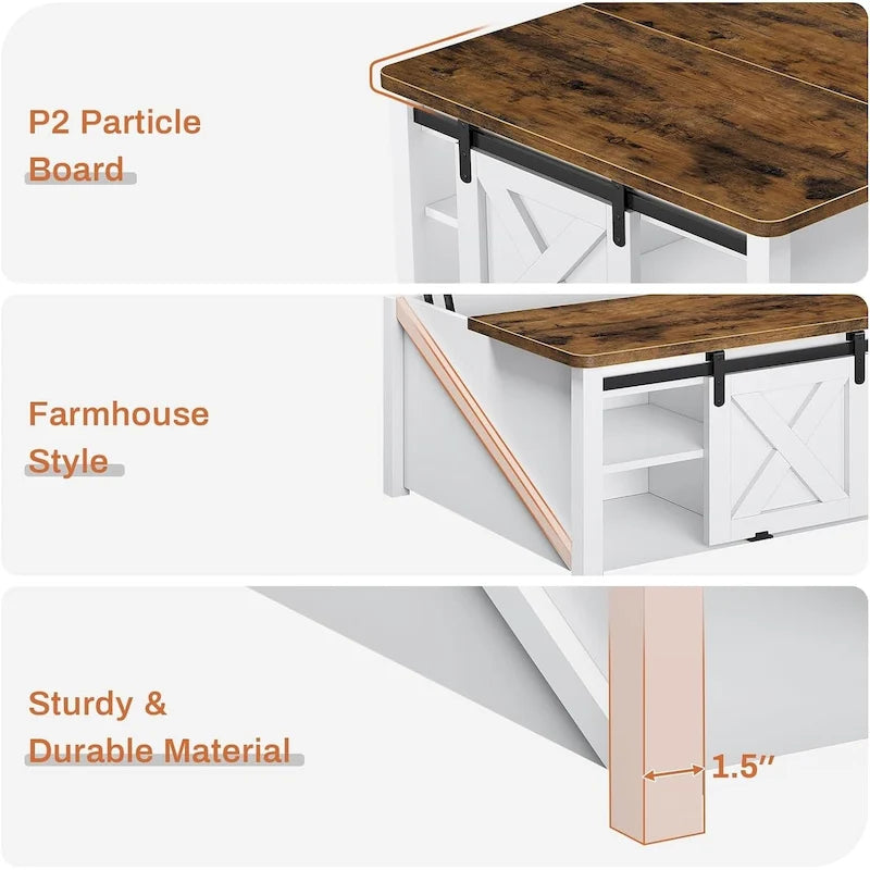 Table basse relevable carrée avec étagère de rangement et porte coulissante style grange