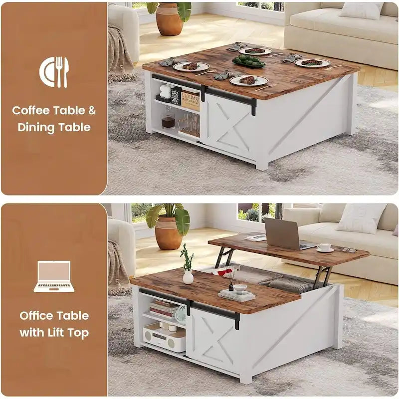 Table basse relevable carrée avec étagère de rangement et porte coulissante style grange