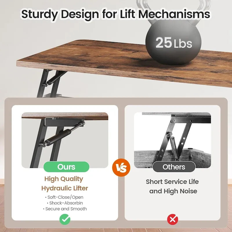 Table basse relevable carrée avec étagère de rangement et porte coulissante style grange