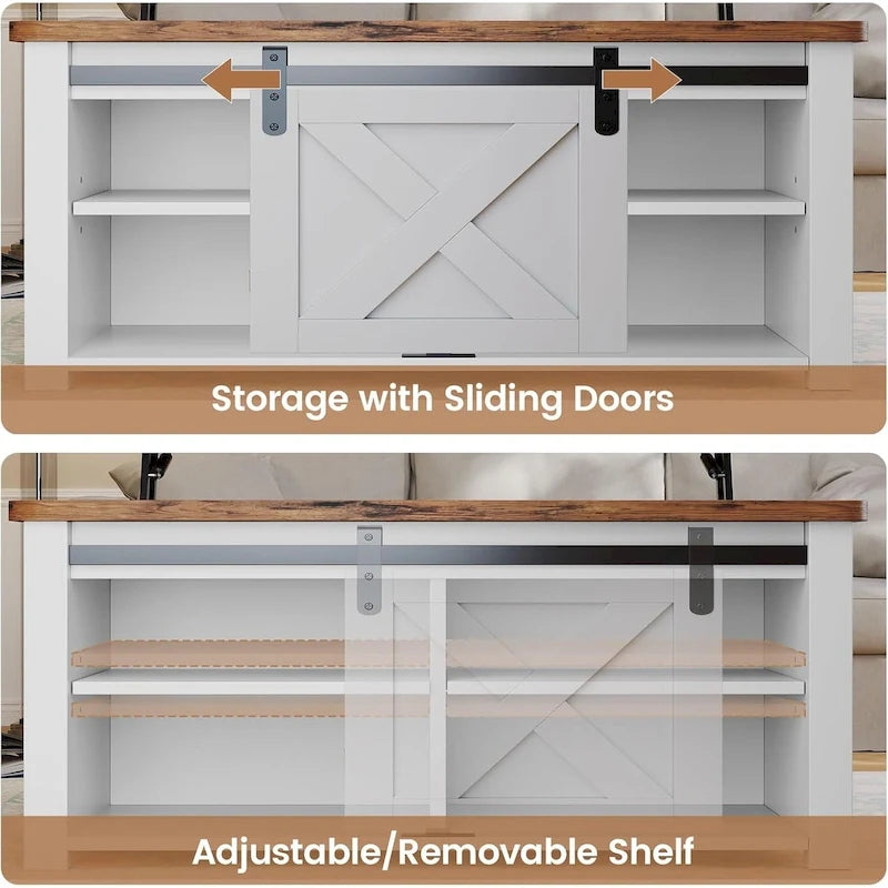 Table basse relevable carrée avec étagère de rangement et porte coulissante style grange