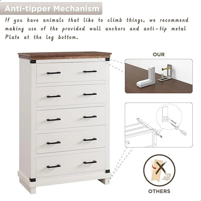 Commode de style rustique à cinq tiroirs, commode en bois