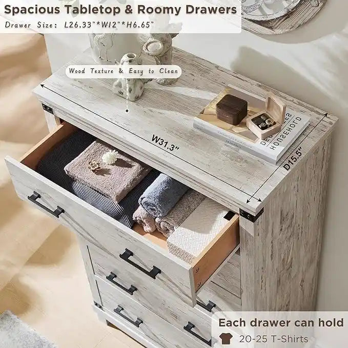 Commode de style rustique à cinq tiroirs, commode en bois