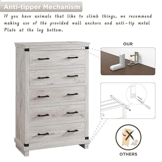 Commode de style rustique à cinq tiroirs, commode en bois