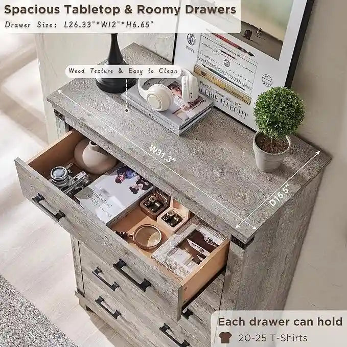 Commode de style rustique à cinq tiroirs, commode en bois