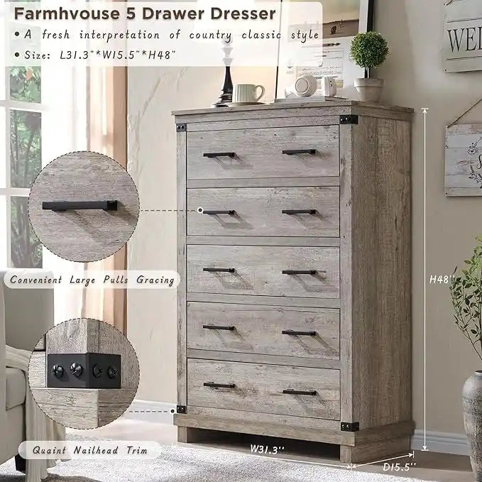 Commode de style rustique à cinq tiroirs, commode en bois