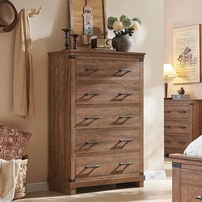 Commode de style rustique à cinq tiroirs, commode en bois