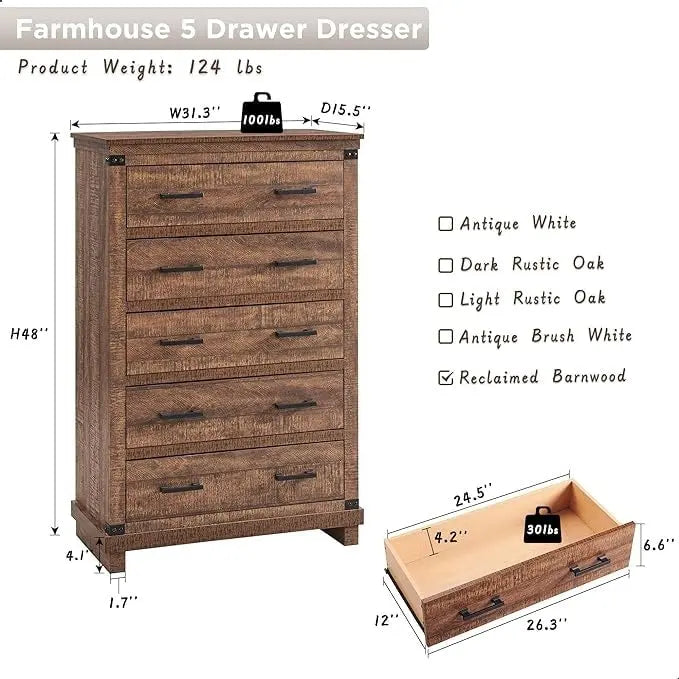 Commode de style rustique à cinq tiroirs, commode en bois