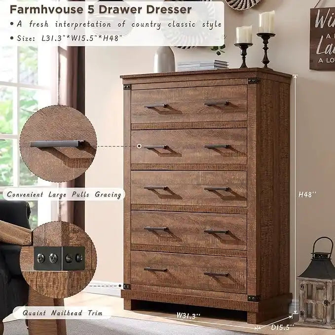 Commode de style rustique à cinq tiroirs, commode en bois