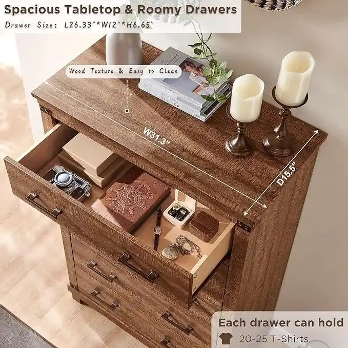 Commode de style rustique à cinq tiroirs, commode en bois