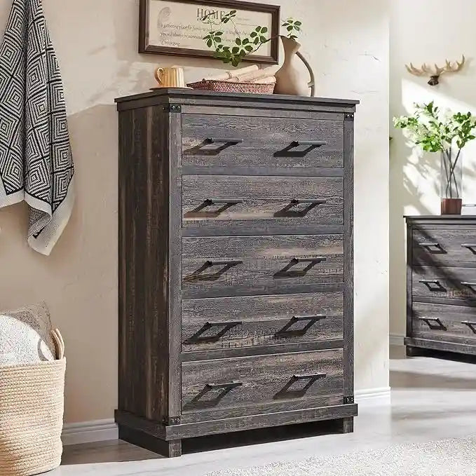 Commode de style rustique à cinq tiroirs, commode en bois