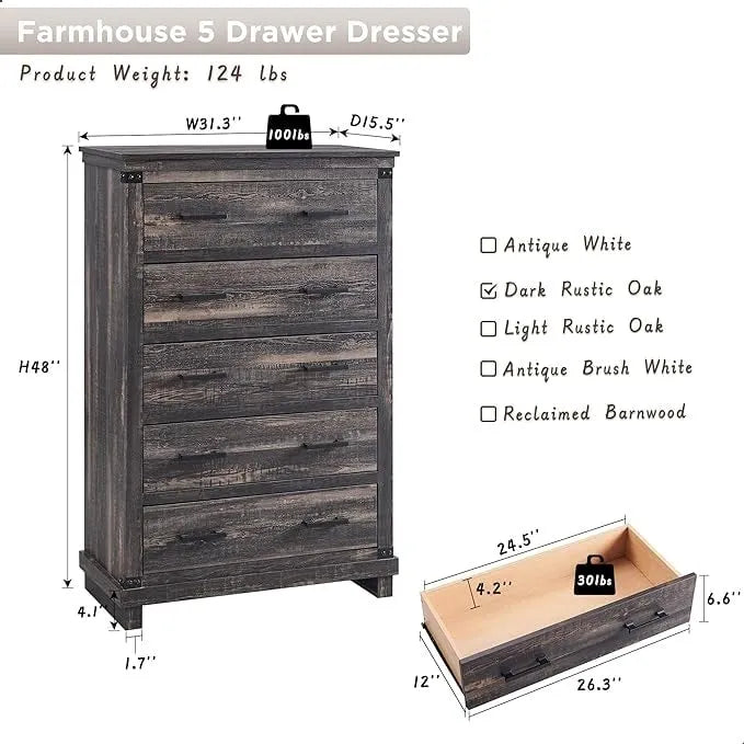 Commode de style rustique à cinq tiroirs, commode en bois