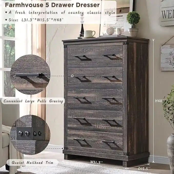 Commode de style rustique à cinq tiroirs, commode en bois