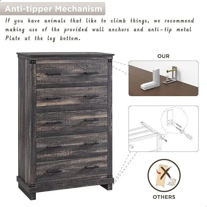 Commode de style rustique à cinq tiroirs, commode en bois