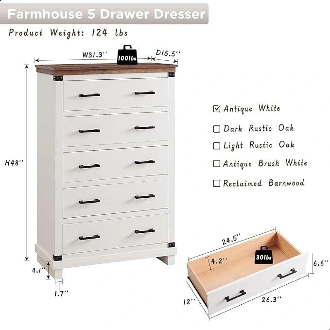Commode de style rustique à cinq tiroirs, commode en bois