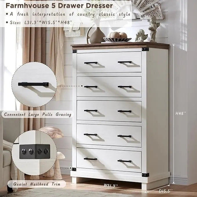 Commode de style rustique à cinq tiroirs, commode en bois