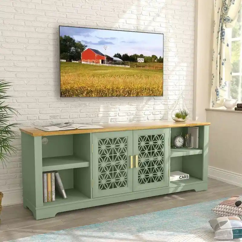 Meuble TV de porte décoratif floral style rustique de 70 pouces