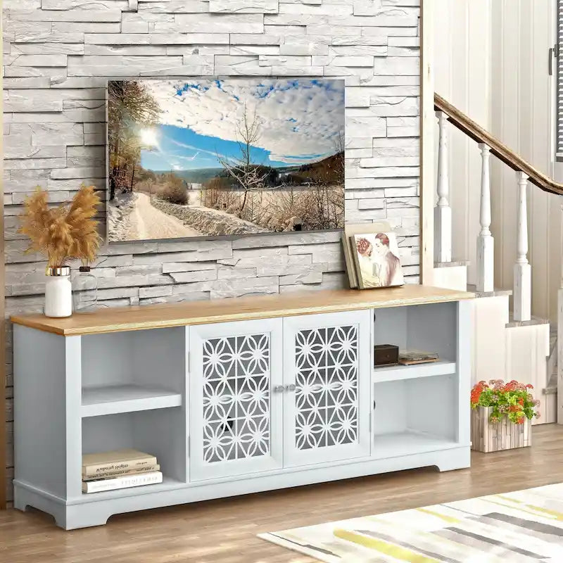 Meuble TV de porte décoratif floral style rustique de 70 pouces