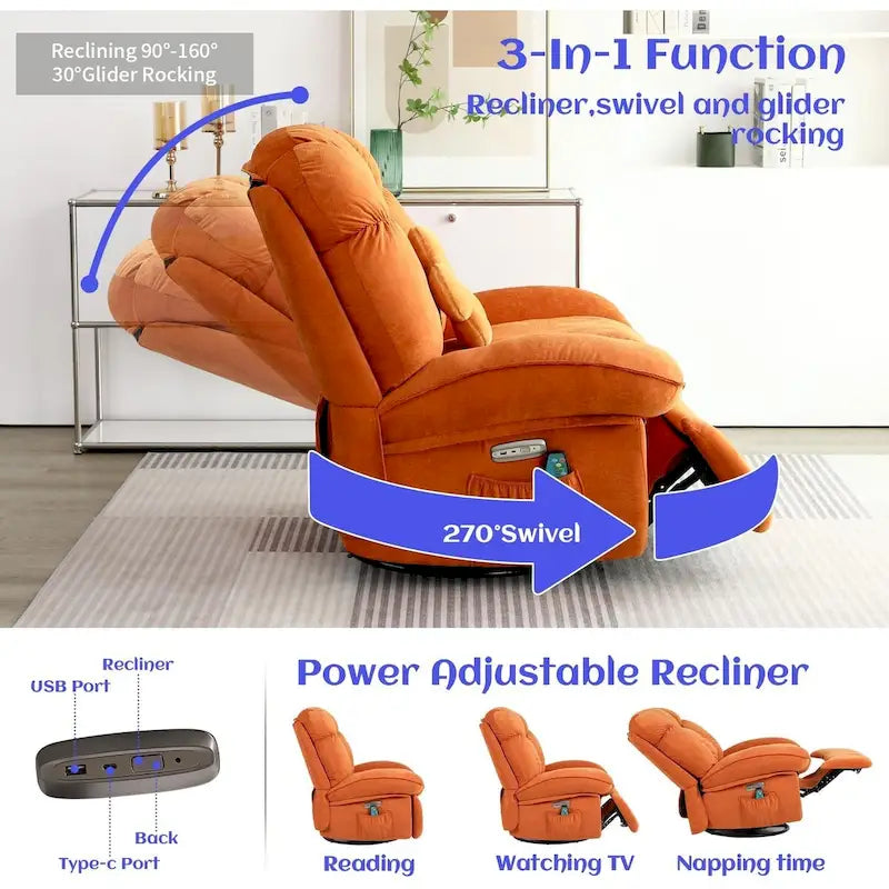 Fauteuil inclinable électrique rotatif, fauteuil à bascule massant avec fonction chauffante